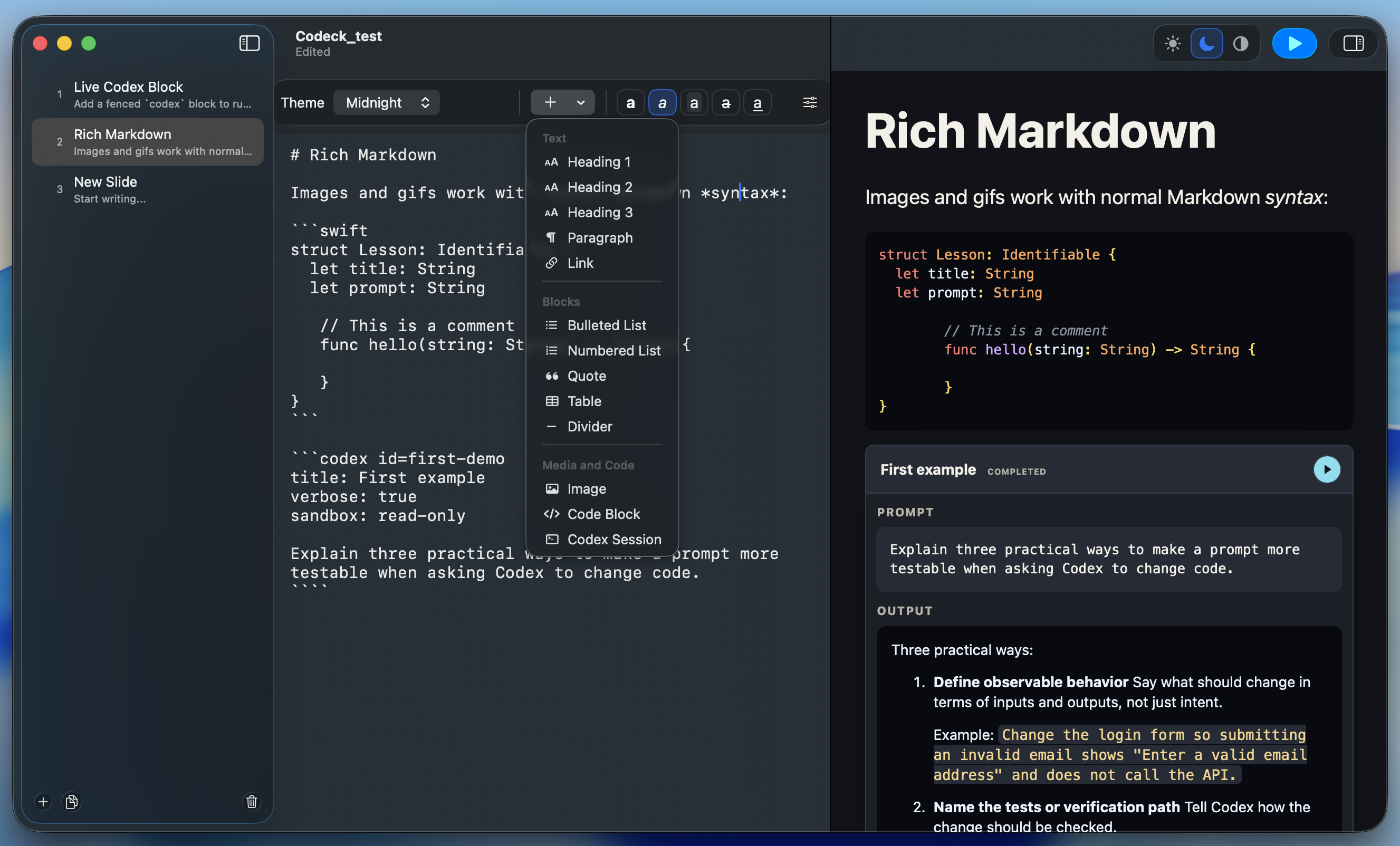 Codeck showing a Markdown editor, slide preview, and a live Codex card